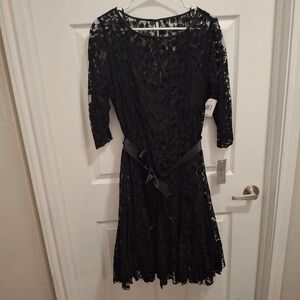NWT Teri Jon Black Lace Overlay‎ Midi Dress with Ribbon Belt Size 16
